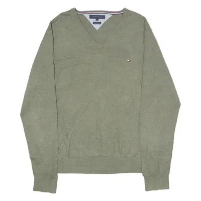 TOMMY HILFIGER Mens Jumper Green V-Neck Tight Knit XL