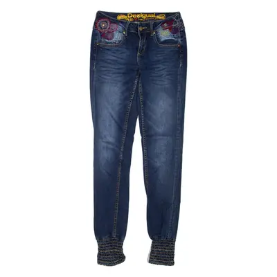 DESIGUAL Floral Cuffed Womens Jeans Blue Regular Tapered Stone Wash W26 L31