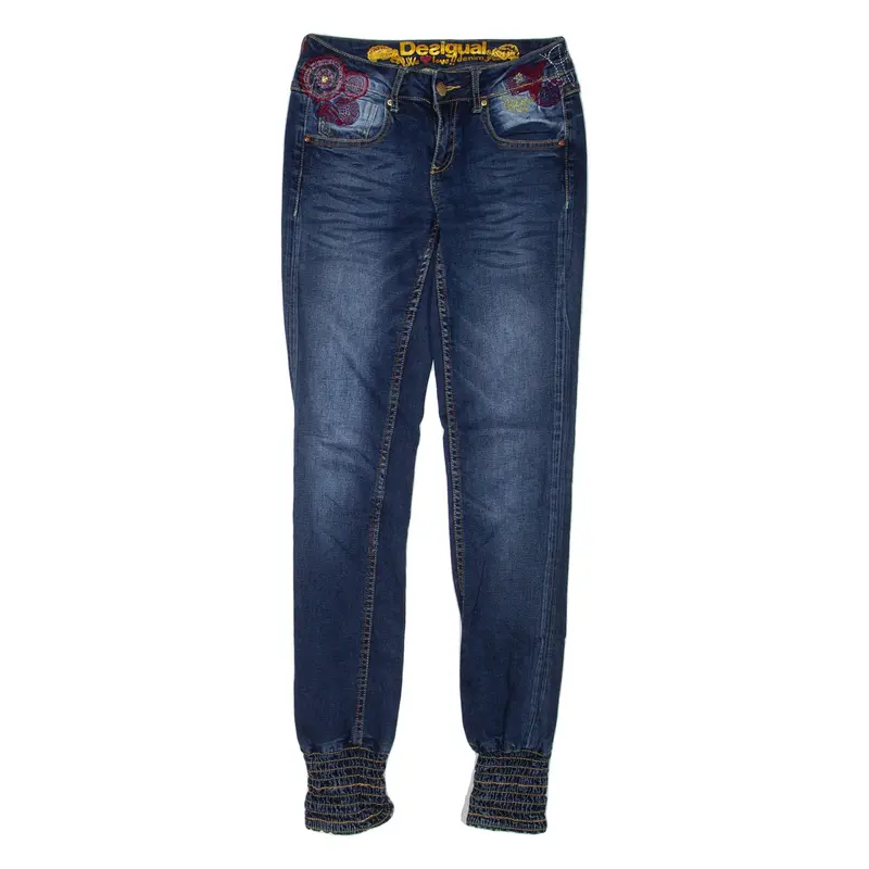 DESIGUAL Floral Cuffed Womens Jeans Blue Regular Tapered Stone Wash W26 L31