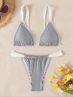 Women's Colorblock Striped Print Bikini Set, Casual Tie Backless Swim Bra & Swim Panty, Swimsuits for Women, Fashion Chic Lad...