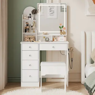 LIKIMIO Vanity Desk with Mirror & LED Light, Makeup Vanity Table with 5 Drawers, Power Outlet, and Vanity Stool, 3 Lighting C...