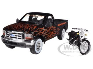 1999 Ford F-350 Super Duty Pickup Black with Flames 1/27 & 2002 Harley Davidson FLSTB Motorcycle Night Train 1/24 Diecast Mod...