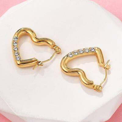 304 Stainless Steel Micro Pave Clear Cubic Zirconia Heart Hoop Earrings