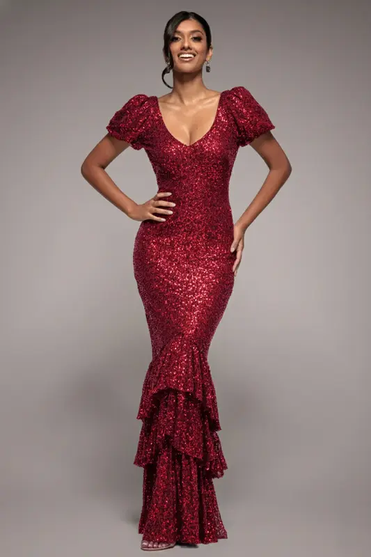 Goddiva Puff Sleeve Tiered Hem Maxi Dress - Wine