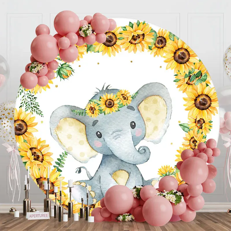 Sunflower Little Elephant Round Baby Shower Backdrop - Aperturee