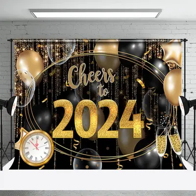 Aperturee Black And Gold Balloon Cheers To 2024 Backdrop