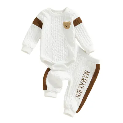 Baby Boy's Knit Outfits Fashionable Long Sleeve Bear Embroidery Textured Romper with Pants 2Pcs Set