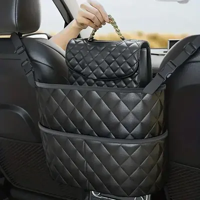 Car Seat Back Storage Bag, Large Capacity Quilted PU Leather Organizer with 3 Pockets, Large Capacity Storage Bag, Car Purse ...