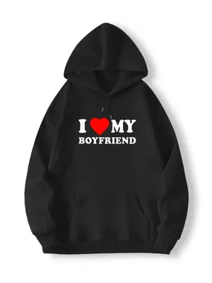 Men's Letter Heart Print Long Sleeve Drop Shoulder Drawstring Hoodie, CasualĀ LongsleevesĀ \