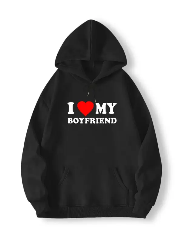 Men's Letter Heart Print Long Sleeve Drop Shoulder Drawstring Hoodie, Casual Longsleeves I Love My BF Print Pocket Hood...
