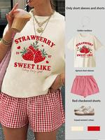 Women's Strawberry Print Crop Tee & Plaid Print Shorts Two-Piece Set, Casual Fashion Cozy Round Neck Short Sleeve T-shirt & S...