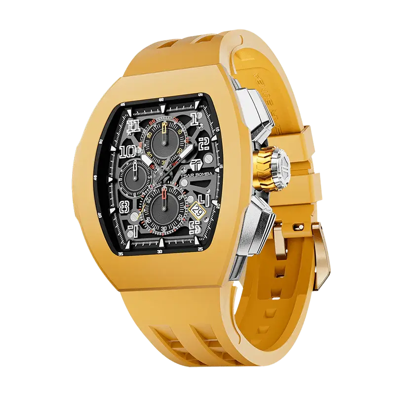 TSAR BOMBA Men's Quartz Watch | Yellow | Atomic TB8214 | Fluororubber Bezel | Luxury Sport Watch | 50M Waterproof Sapphire Gl...