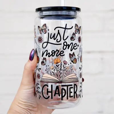 Sip-Sip Hooray! One More Chapter 16oz Glass Can Cup – Book Lover Tumbler Bamboo Lid & Straw, Aesthetic Booktok Gift, Reusab...