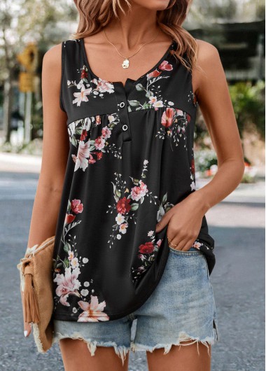 Modlily Black Ruched Floral Print Tank Top - XXL