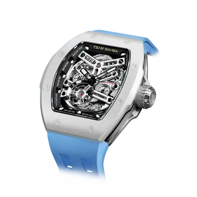 TSAR BOMBA Men's Automatic Watch | White Blue | Skeleton Mechanical Wristwatch | Stainless Steel Case | 5ATM Waterproof Luxur...
