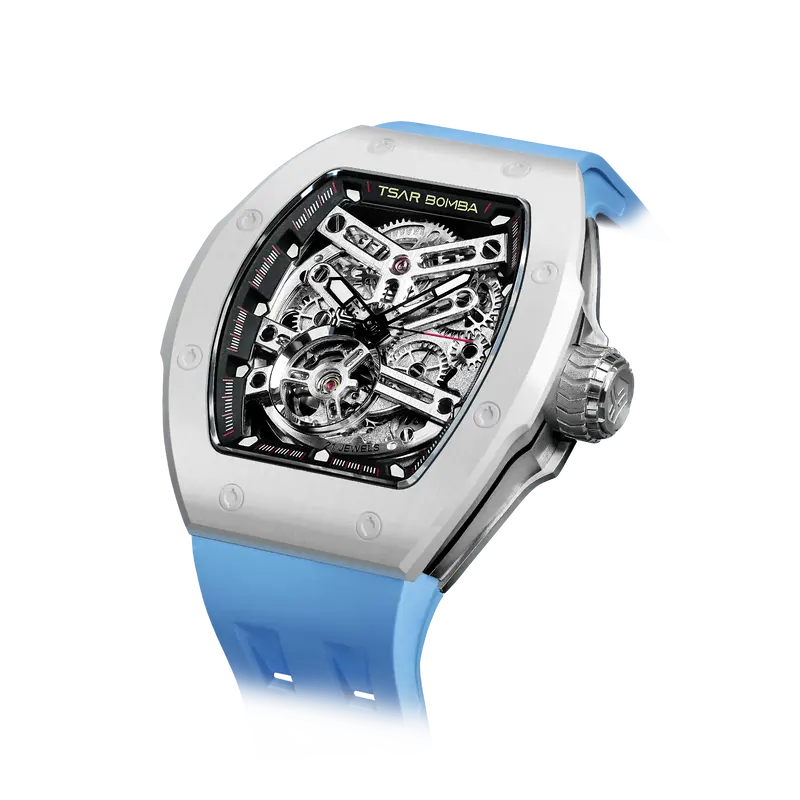TSAR BOMBA Men's Automatic Watch | White Blue | Skeleton Mechanical Wristwatch | Stainless Steel Case | 5ATM Waterproof Luxur...