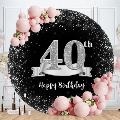 Aperturee Sliver And Black Round 40th Happy Birthday Backdrop