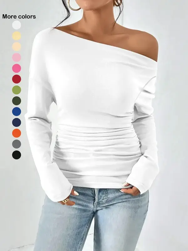 Women's Plain Ruched Asymmetrical Neck Tee, Casual Fashion Drop Shoulder Long Sleeve T-shirt for Spring & Fall, Women's Top...