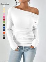 Women's Plain Ruched Asymmetrical Neck Tee, Casual Style Fashion Drop Shoulder Long Sleeve T-shirt for Spring & Fall, Women's...