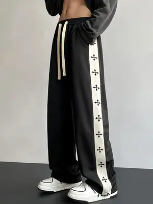 Men's Colorblock & Cross Print Drawstring Waist Pants, Regular Fit Casual Pocket Straight Leg Trousers for Spring & Fall, S...