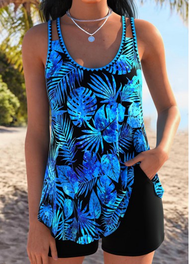 Modlily Tummy Coverage Blue Tropical Plants Print Tankini Set - XL