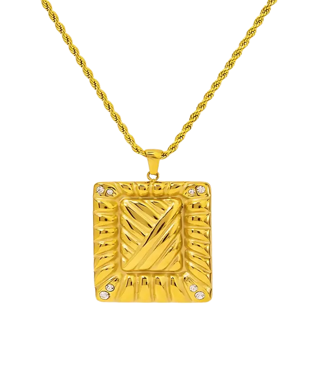 18K Gold Pendant Necklace - Rectangle With Diamonds