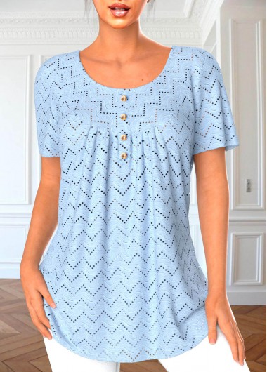 Modlily Light Blue Button Short Sleeve Round Neck Blouse - S