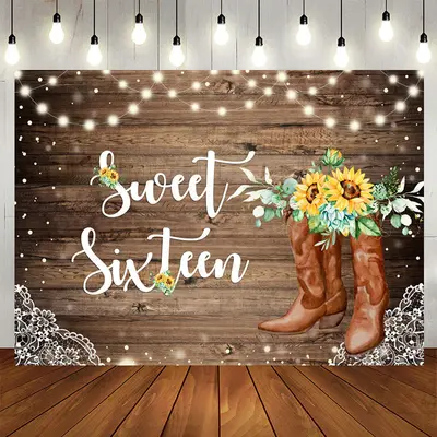 Aperturee Sunflowers Brown Wood Sweet 16th Birthday Backdrop