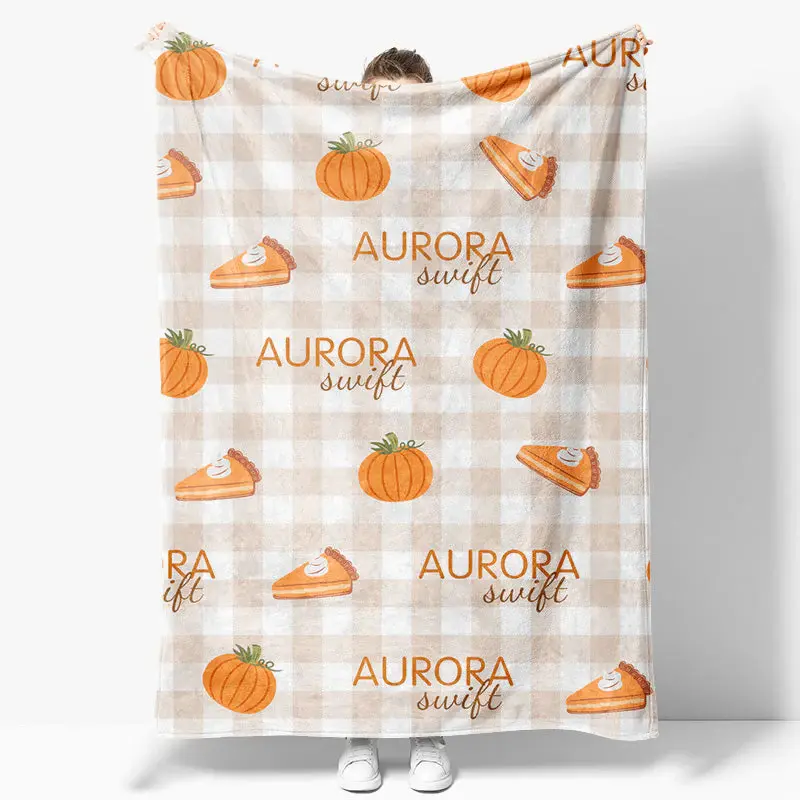 Aperturee Pumpkins Pie Light Brown Plaid Custom Name Blanket - Aperturee