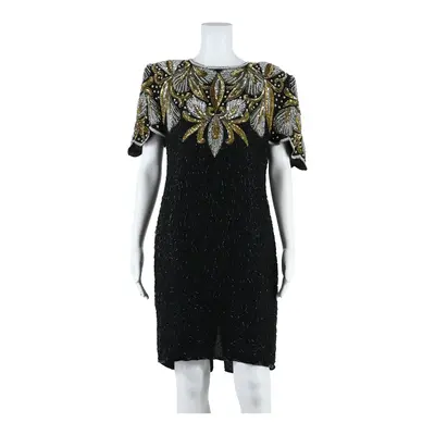 LAURENCE KAZAR Beaded Sequin Womens Pencil Dress Black Silk Crazy Pattern XL