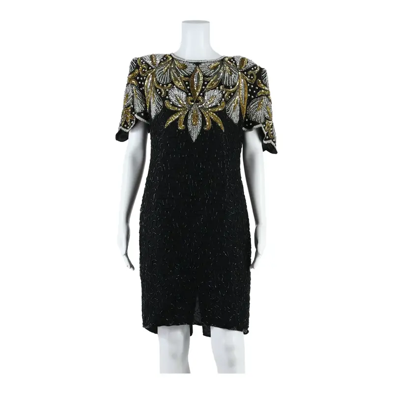 LAURENCE KAZAR Beaded Sequin Womens Pencil Dress Black Silk Crazy Pattern XL