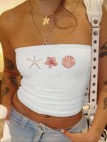 Women's Shell & Starfish Print Crop Tube Top, Casual Sleeveless Cropped Top for Summer, Women's Clothing for Beach Holiday Va...