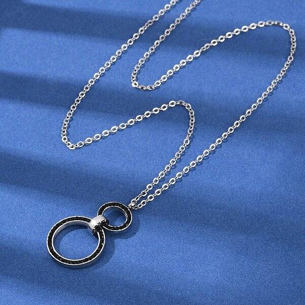 304 Stainless Steel Jet Rhinestone Double Rings Pendant Necklaces