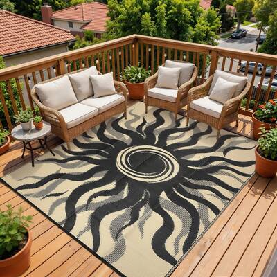 Garvee Outdoor Rug 8x10 Waterproof Boho Sun Pattern Reversible Plastic Straw UV-Resistant Lightweight Patio Mat for Deck Back...