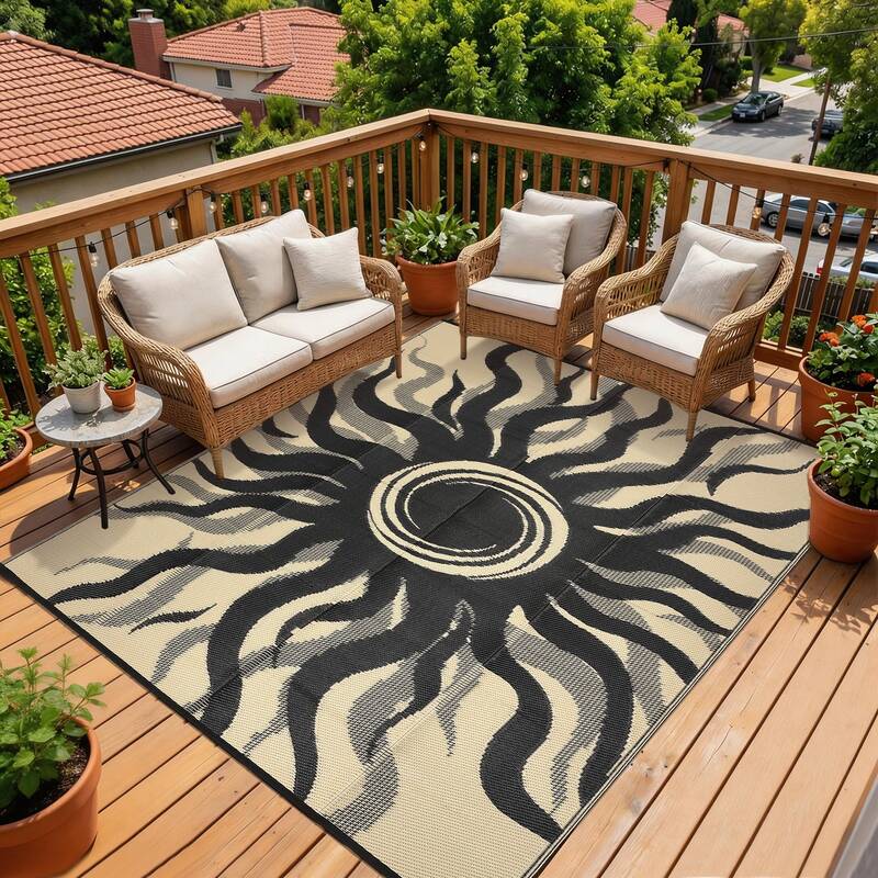 Garvee Outdoor Rug 8x10 Waterproof Boho Sun Pattern Reversible Plastic Straw UV-Resistant Lightweight Patio Mat for Deck Back...