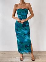 Mesh Floral Strapless Bodycon Maxi Dress Ruched Tube Long Dresses with Slit