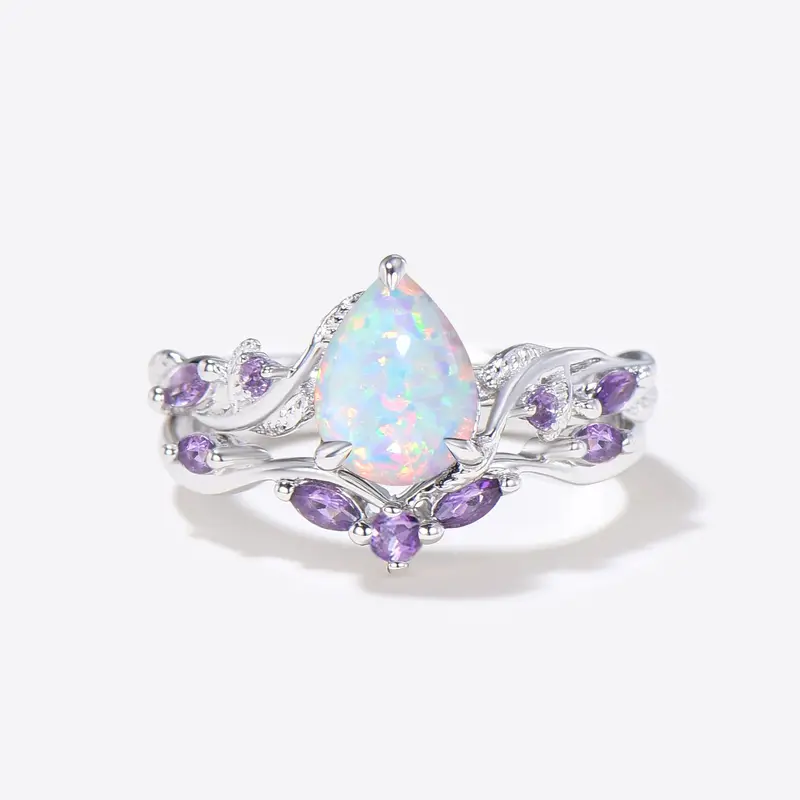Teardrop Cut White Opal Engagement Ring Amethyst Nature Inspired Bridal Set
