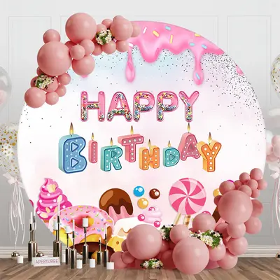 Round Candyland Donuts Cream Happy Birthday Backdrop