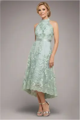 Goddiva Halter Neck Lace High And Low Dress - Sage Green