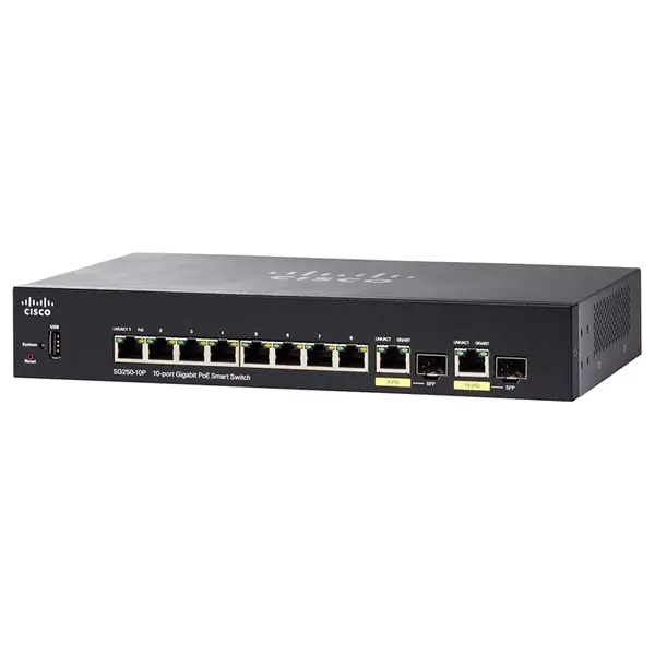 SG250-10P-K9 Cisco SG250-10P RJ-45 PoE+ 8 x Port 10/100/1000Base-T PoE 2 x SFP Layer 2 Managed Gigabit Ethernet Smart Switch