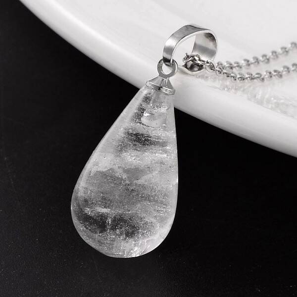 Teardrop Platinum Tone Brass Quartz Crystal Pendants