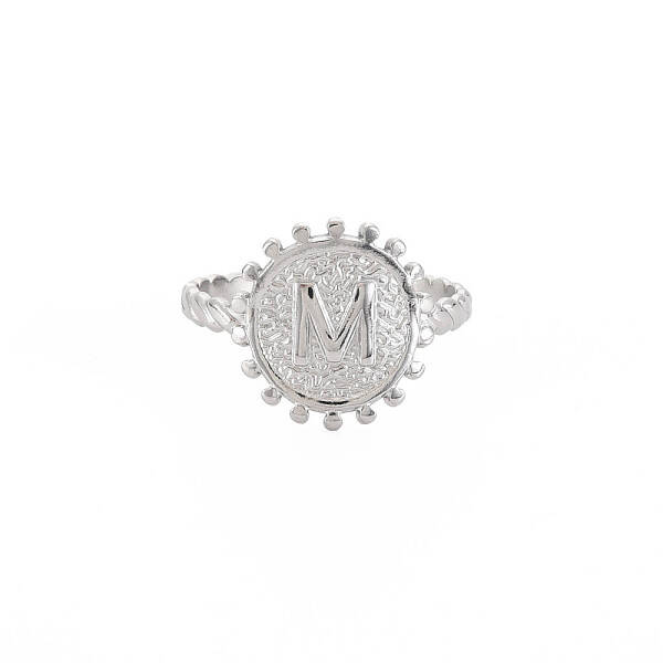 Non-Tarnish 304 Stainless Steel Flat Round with Initial Letter Open Cuff Ring for Men Women