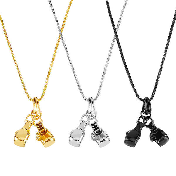 3Pcs 3 Colors Stainless Steel Boxing Glove Pendant Necklaces Set with Box Chains for Men