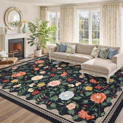 Garvee Washable 9x12 Area Rugs Non Slip Floral Print Carpet for Living Room, Girls Room, Bedroom, Nursery, Black