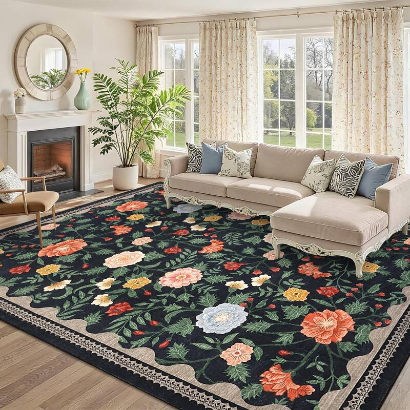 Garvee Washable 9x12 Area Rugs Non Slip Floral Print Carpet for Living Room, Girls Room, Bedroom, Nursery, Black