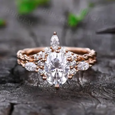 1.5CT Oval Cut Moissanite Promise Ring Curved Moissanite Matching Band