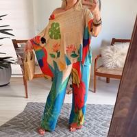 ChicMe Women's 2 Pieces Outfit Tribal Print Cold Shoulder Batwing Sleeve Top and Casual Wide Leg Pants Set