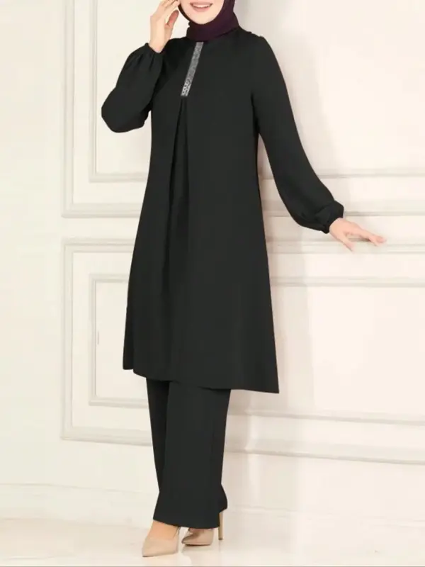 Women's Casual Two-Piece Set, Round Neck Long Sleeve Top & Pants, Loose-Fitting Ethnic Style, Fashionable Retro Look