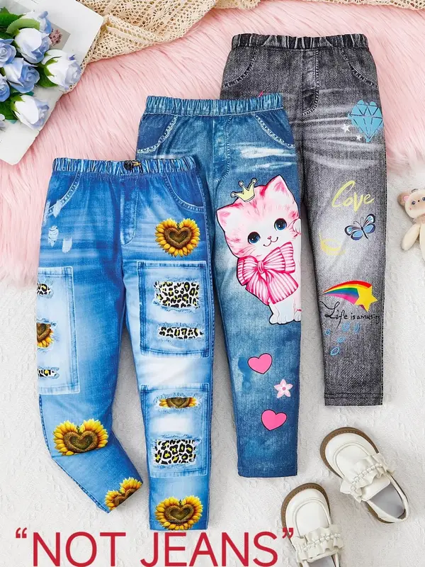 Girl's Cartoon Cat & Sunflower & Unicorn Print Denim-effect Print Elastic Waist Pants, Cute Casual Trousers for Spring & Fall...