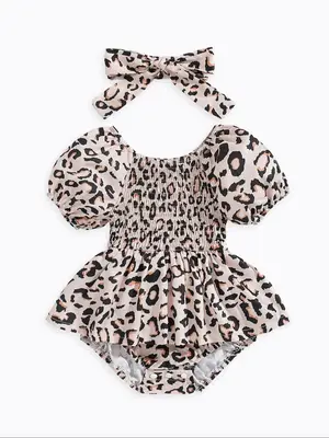 Toddler Girl's Leopard Print Bubble Sleeve Bodysuit & Hair Band Set, Cute Bodysuit for Summer, Toddler Girls Clothing for Dai...